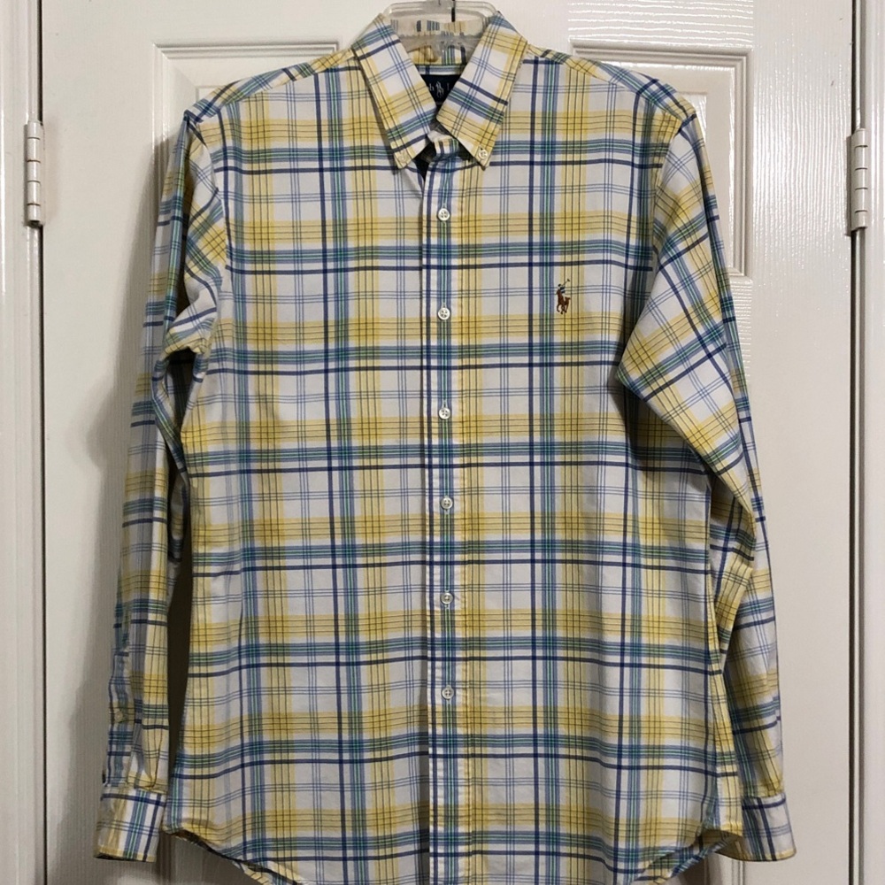 Ralph Lauren Men's Yellow and Blue Check Button Down Shirt Size Medium